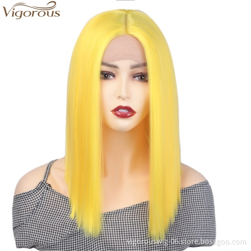 Vigorous Heat Resistant Synthetic Lace Front Wigs Glueless Short Bob Wig Yellow Color Short Straight Bob Wig For Black Women